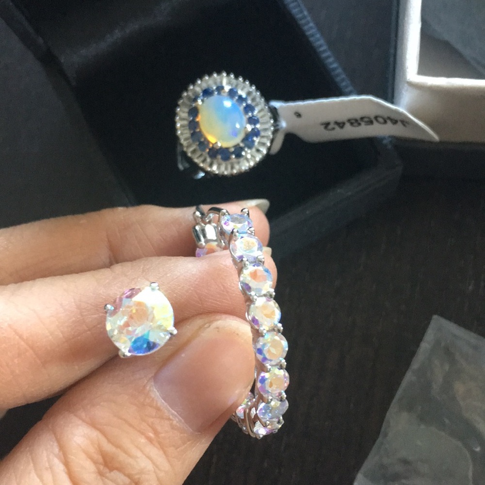 .925 bundle silver opal ring earrings loop stud